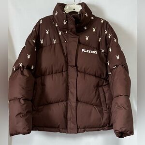 Missguided Playboy Chocolate Brown/Cream Bunny Print Puffer Jacket Sz 12 NWOT
